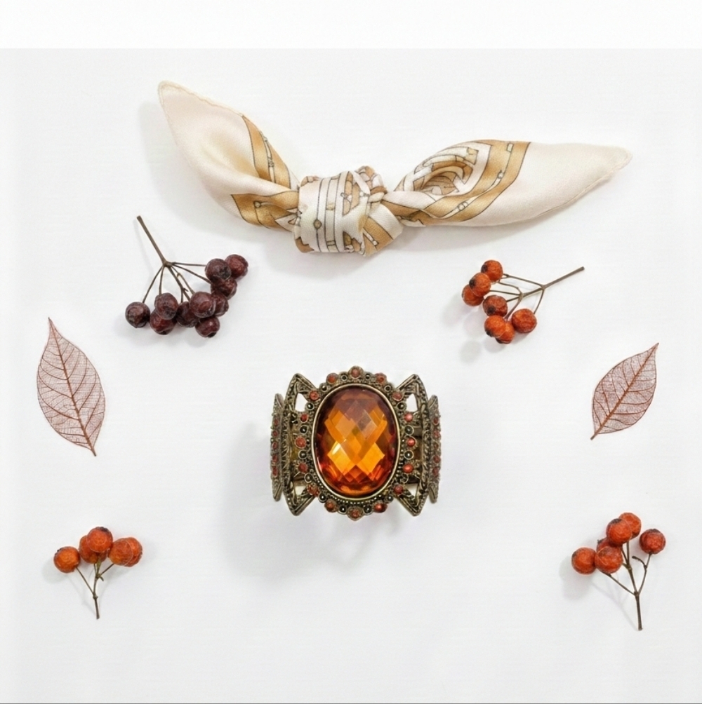 Regal Amber Cuff Bracelet Vintage Ornate Metalwork